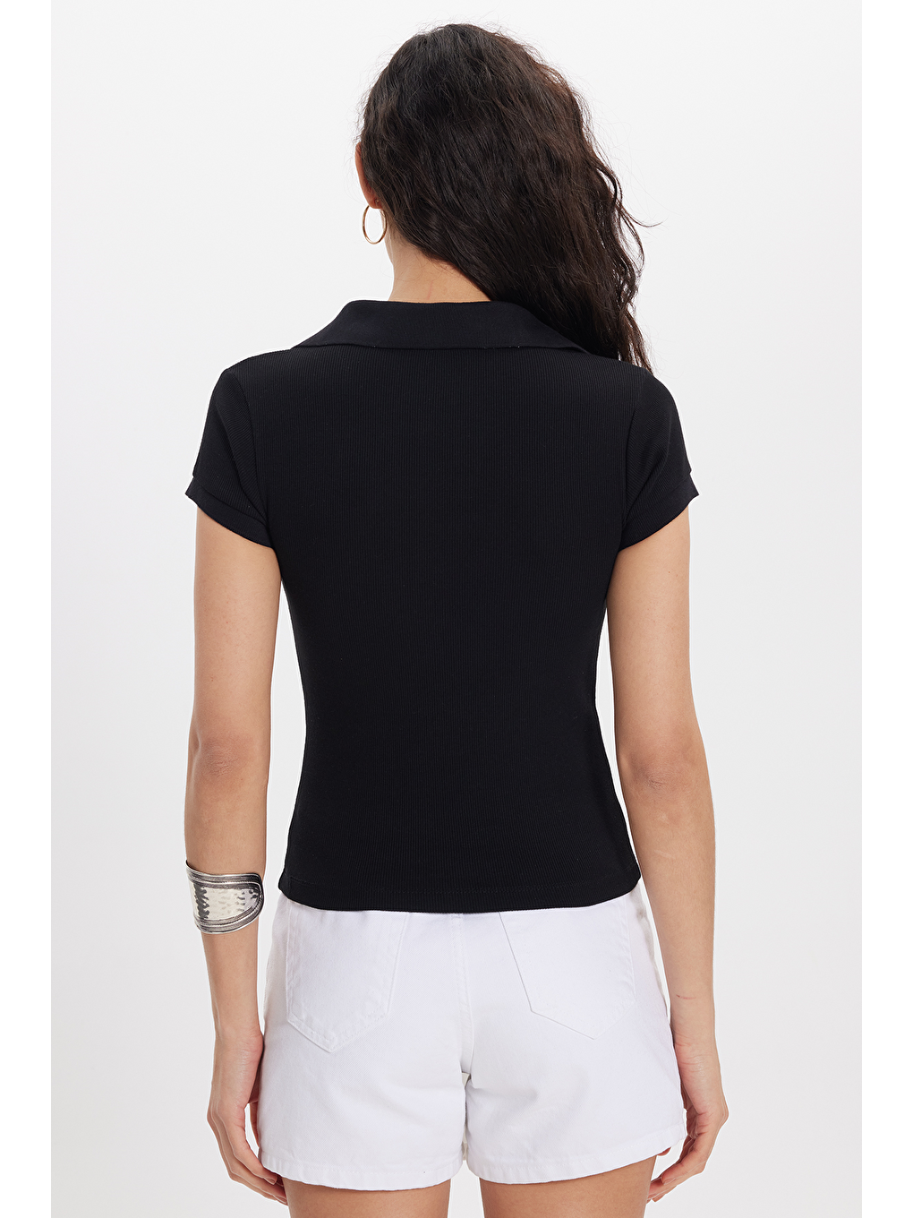 Kadın Slim Fit Dar Kesim Pamuklu Kısa Kollu Siyah Polo Yaka Tişört-5