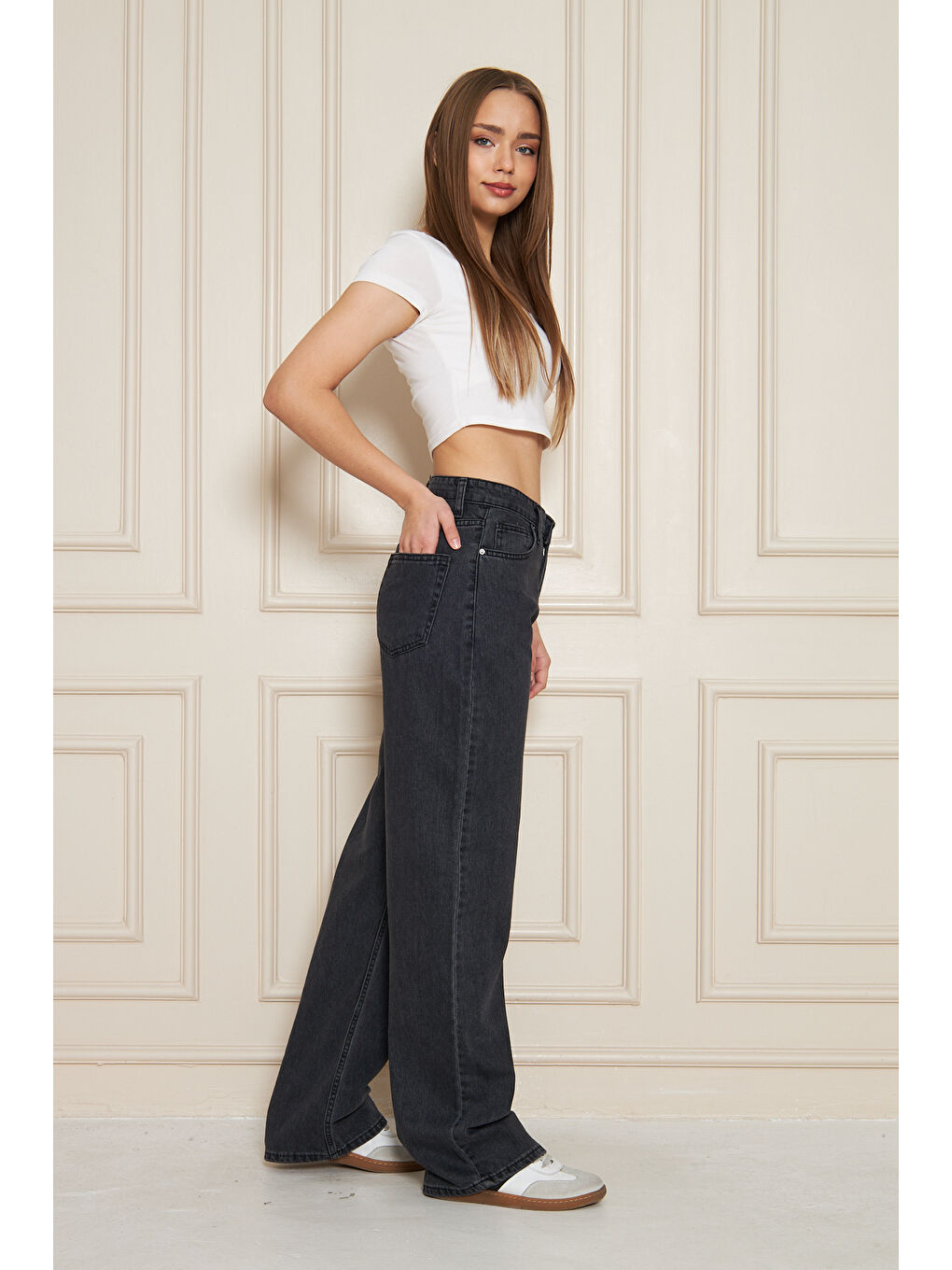 Gri Kadın Bol Paça Yüksek Bel Baggy Füme Jean Pantolon-2