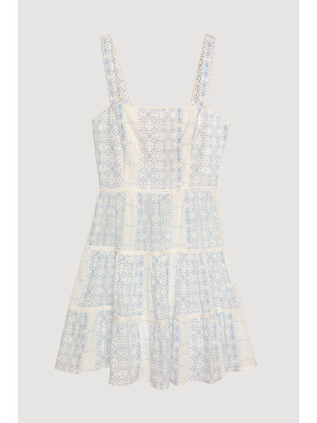 Kare Yaka Şerit Detaylı Desenli Mini Elbise Ekru-1