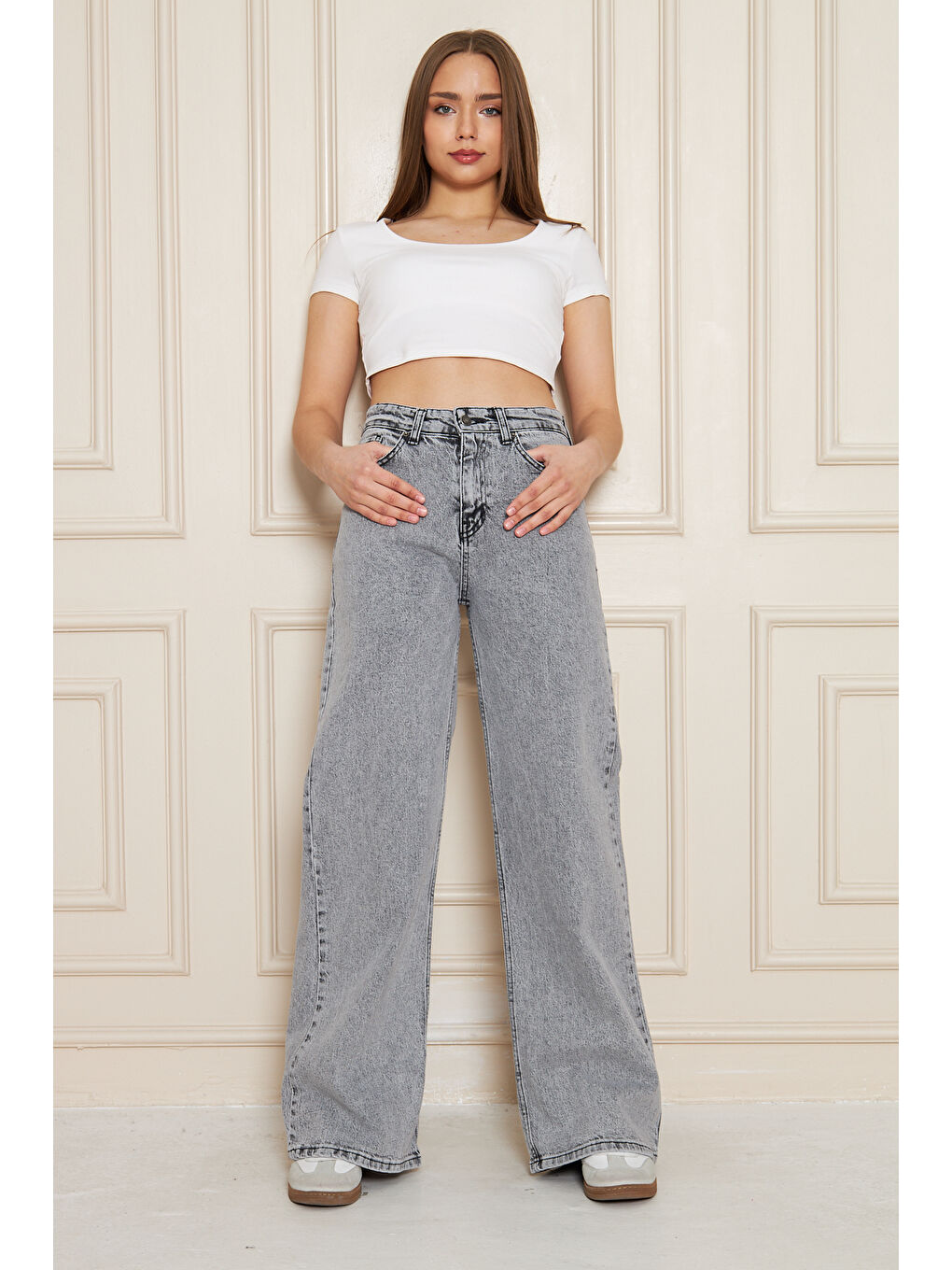 Kadın Bol Paça Yüksek Bel Baggy Gri Jean Pantolon-4