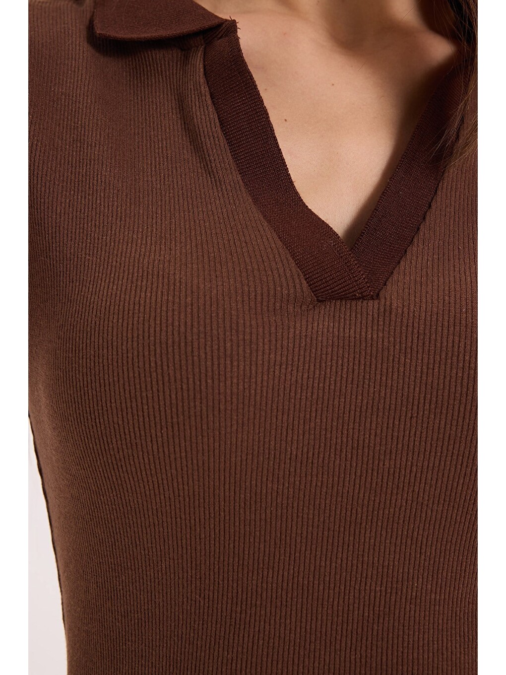 Kadın Slim Fit Dar Kesim Pamuklu Kısa Kollu Kahverengi Polo Yaka Tişört-2