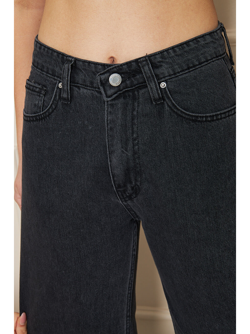 Gri Kadın Bol Paça Yüksek Bel Baggy Füme Jean Pantolon-3