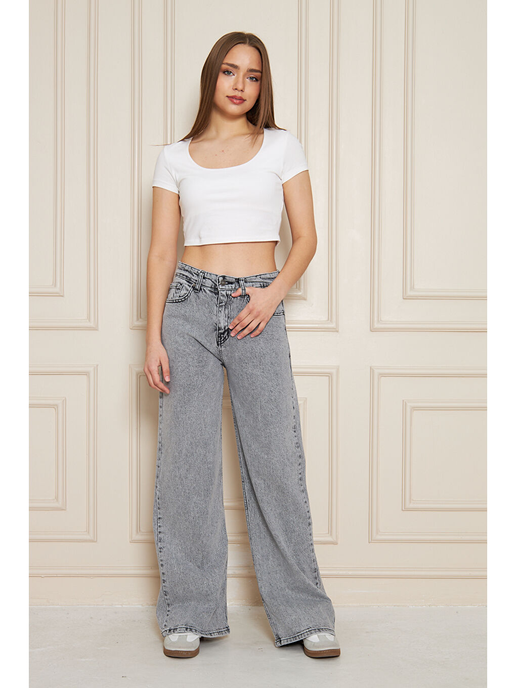 Kadın Bol Paça Yüksek Bel Baggy Gri Jean Pantolon-5