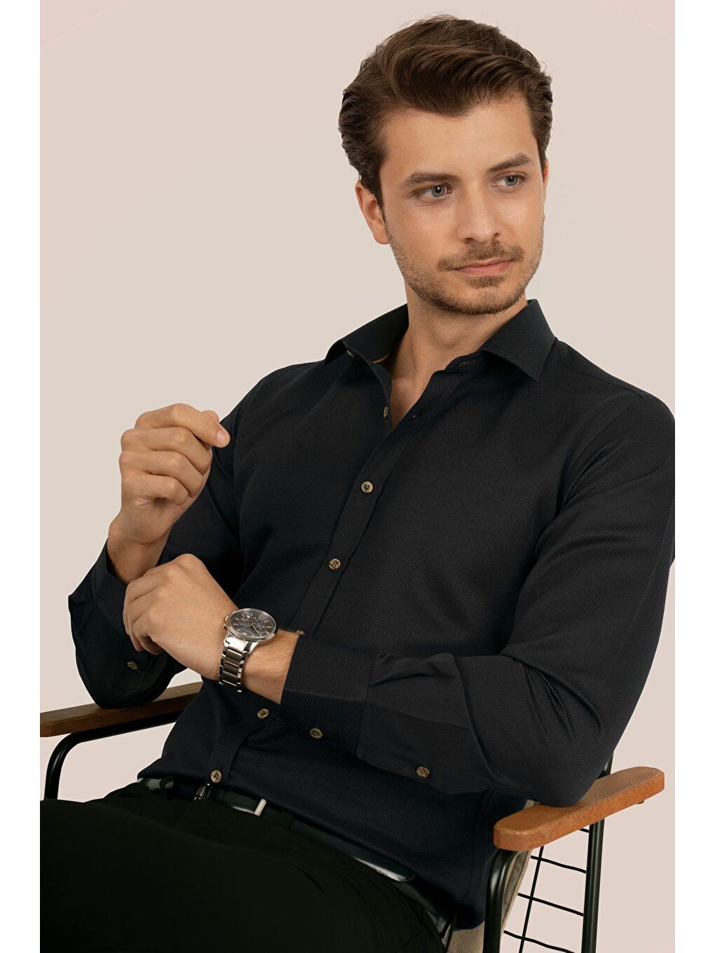 Siyah Kahve Düğmeli Slimfit Erkek Gömlek-2
