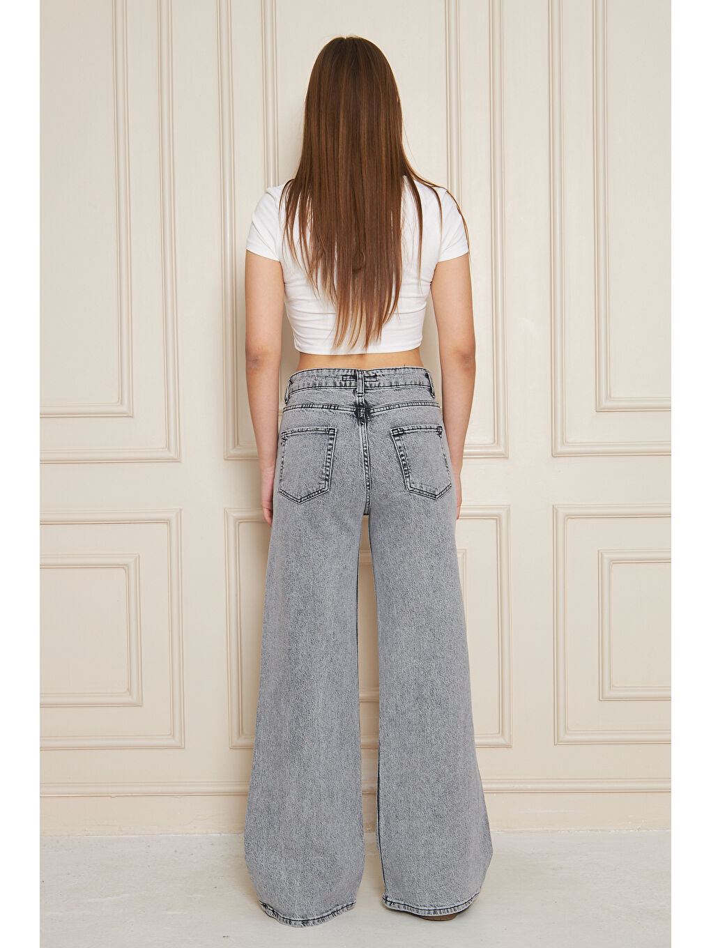 Kadın Bol Paça Yüksek Bel Baggy Gri Jean Pantolon-6