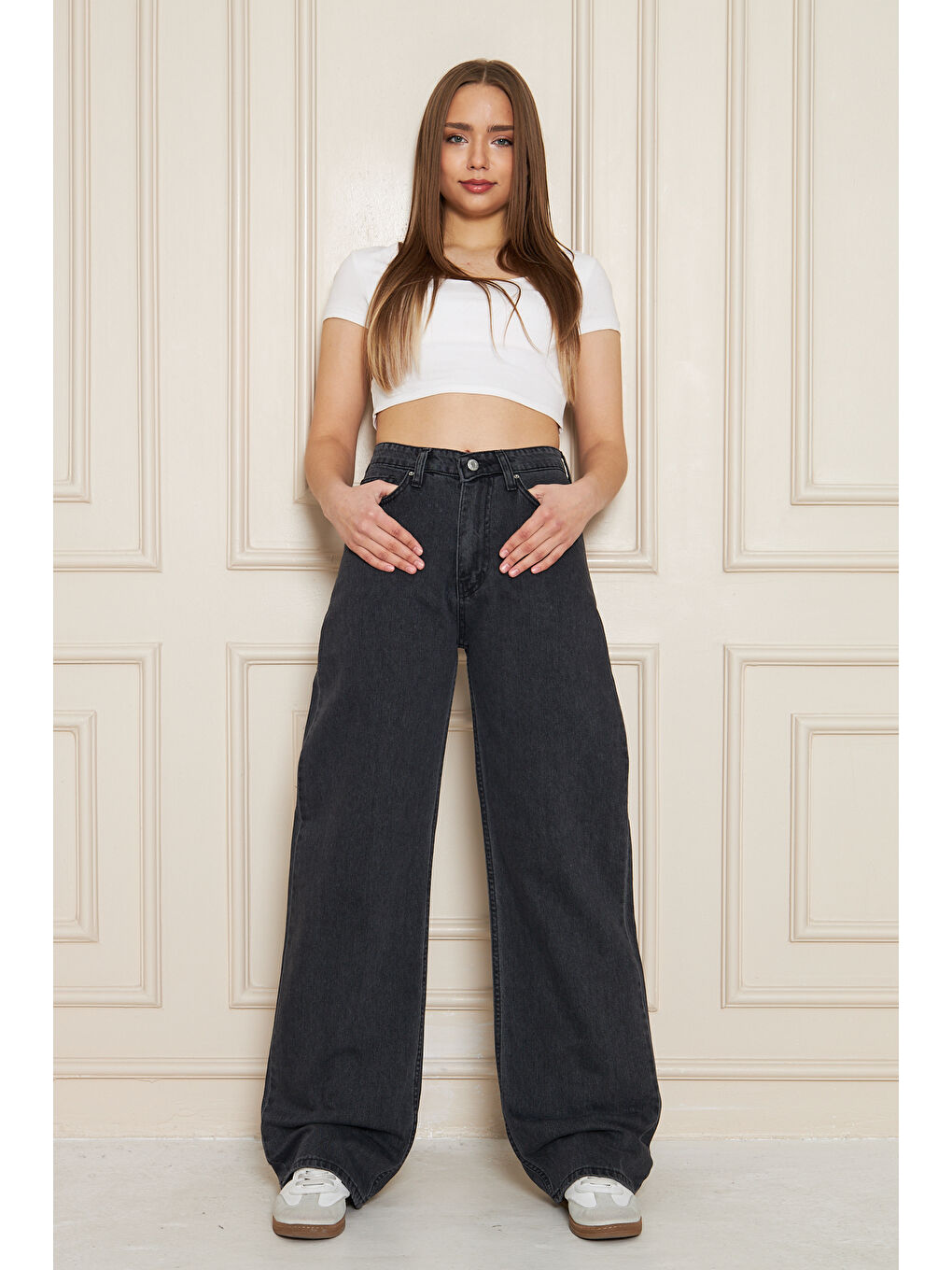 Gri Kadın Bol Paça Yüksek Bel Baggy Füme Jean Pantolon-4