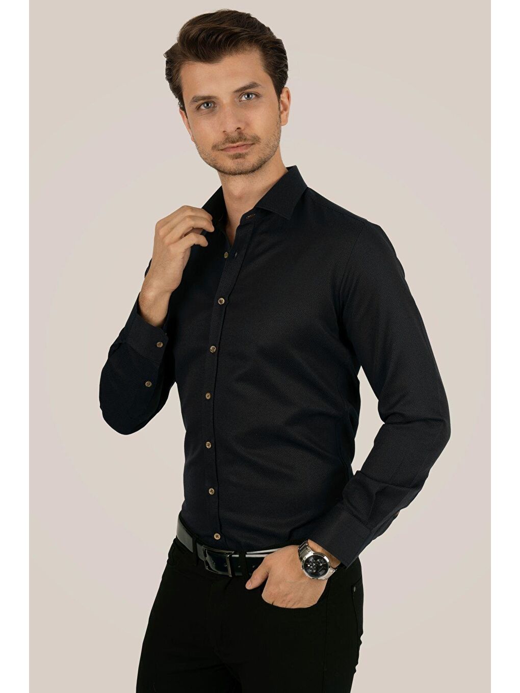 Siyah Kahve Düğmeli Slimfit Erkek Gömlek-4