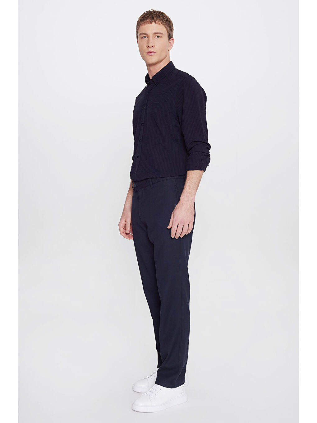 Erkek Lacivert Regular Fit Normal Kesim Yan Cepli Armürlü Casual Pantolon-2