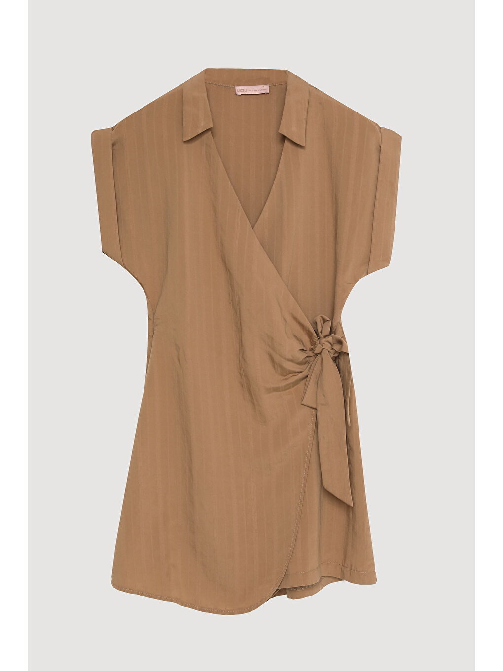 Kruvaze Yaka Beli Bağlamalı Şort Tulum Kahverengi-1