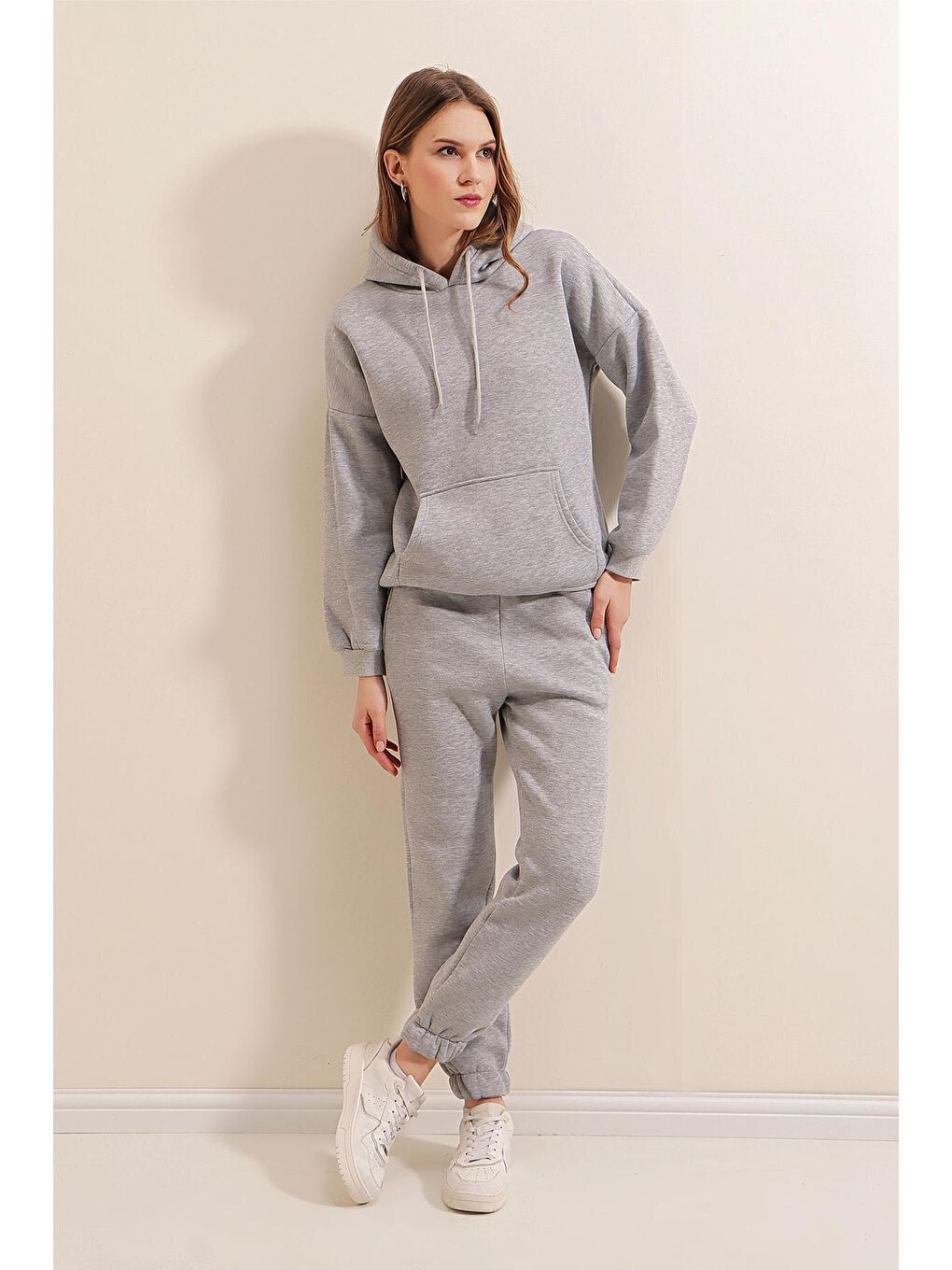 55323 Oversize Kapüşonlu 3 İplik Eşofman Takımı - Gri-1