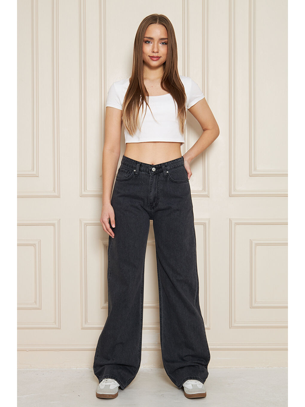 Gri Kadın Bol Paça Yüksek Bel Baggy Füme Jean Pantolon-5