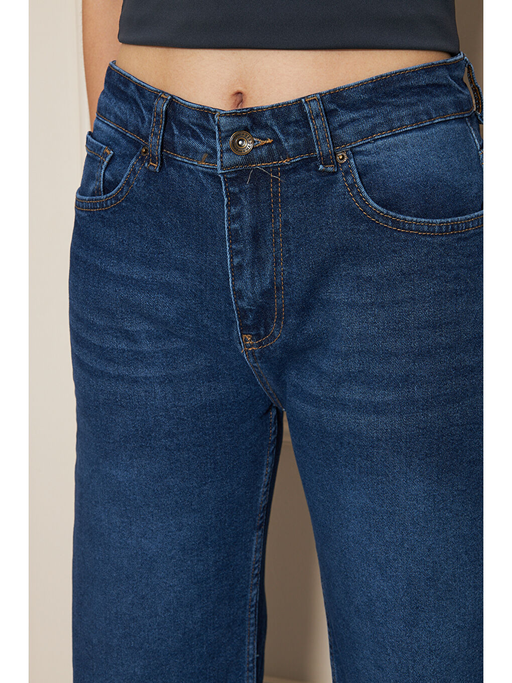 Kadın Bol Paça Yüksek Bel Baggy Lacivert Jean Pantolon-3