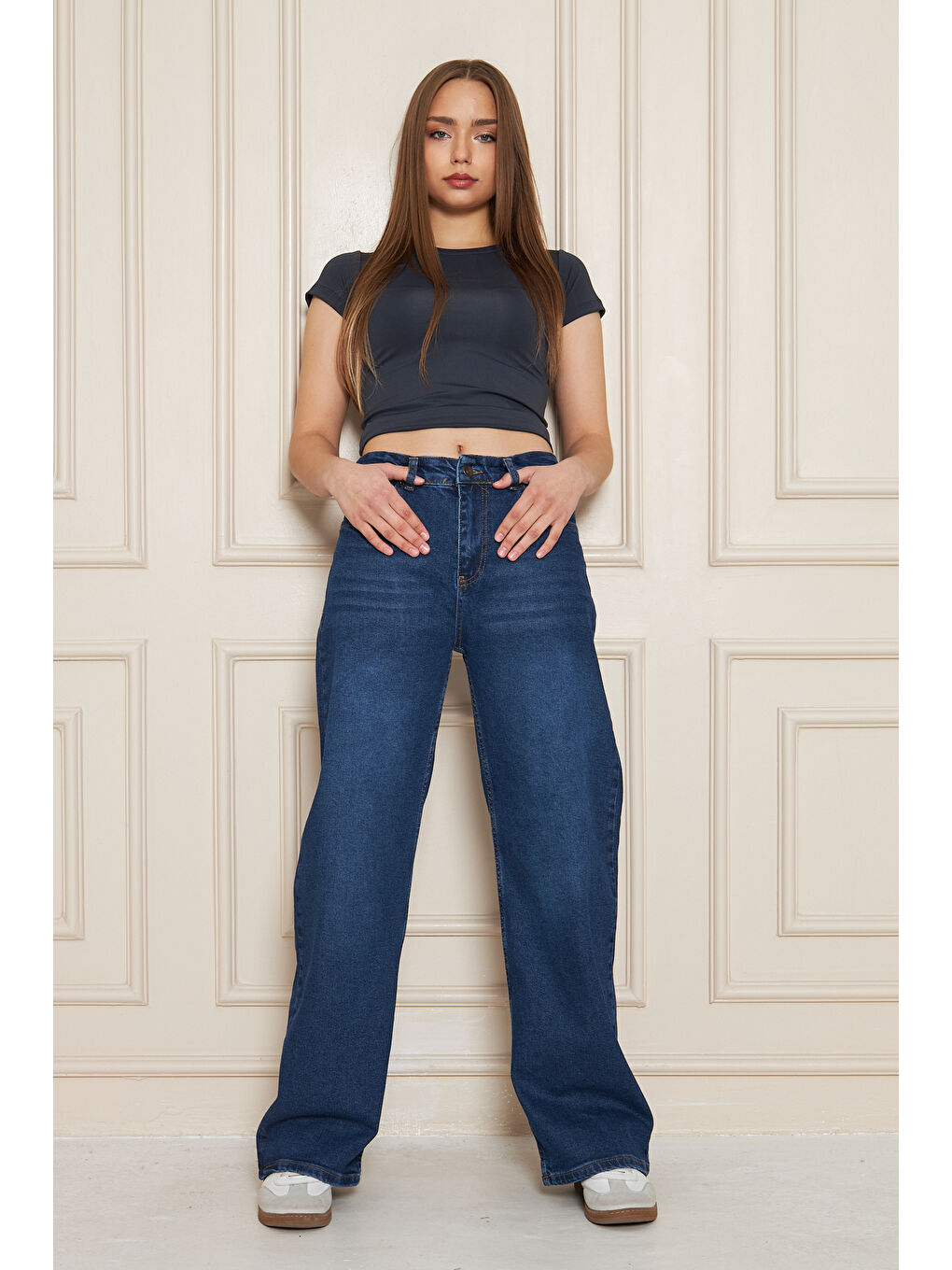 Kadın Bol Paça Yüksek Bel Baggy Lacivert Jean Pantolon-4