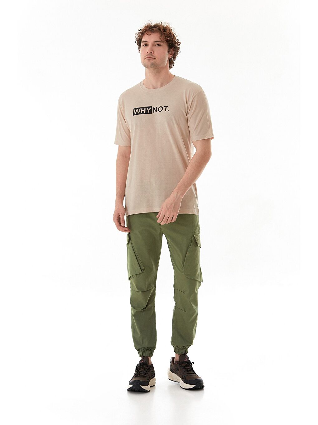 Bej Why Not Yazı Baskılı Bisiklet Yaka Tişört-1