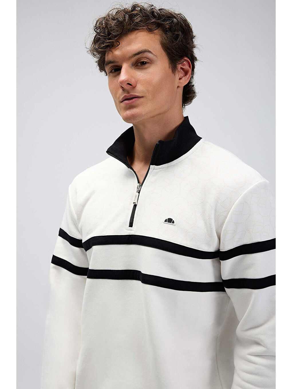 Beyaz Şeritli Pamuklu Regular Fit Yarım Fermuarlı Dik Yaka Sweat EM619-OF-1