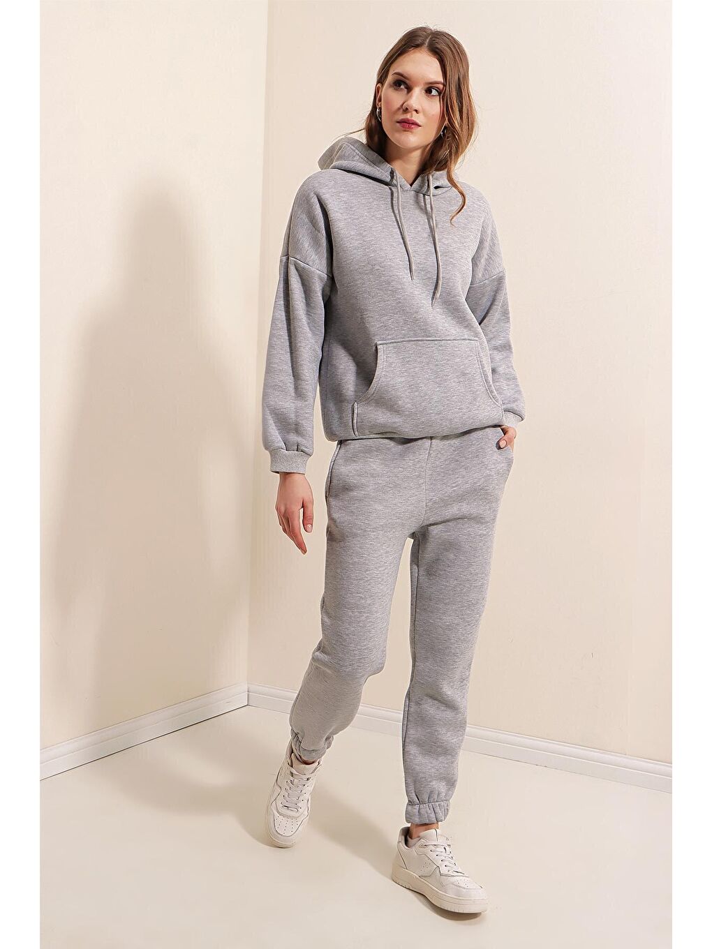 55323 Oversize Kapüşonlu 3 İplik Eşofman Takımı - Gri-2