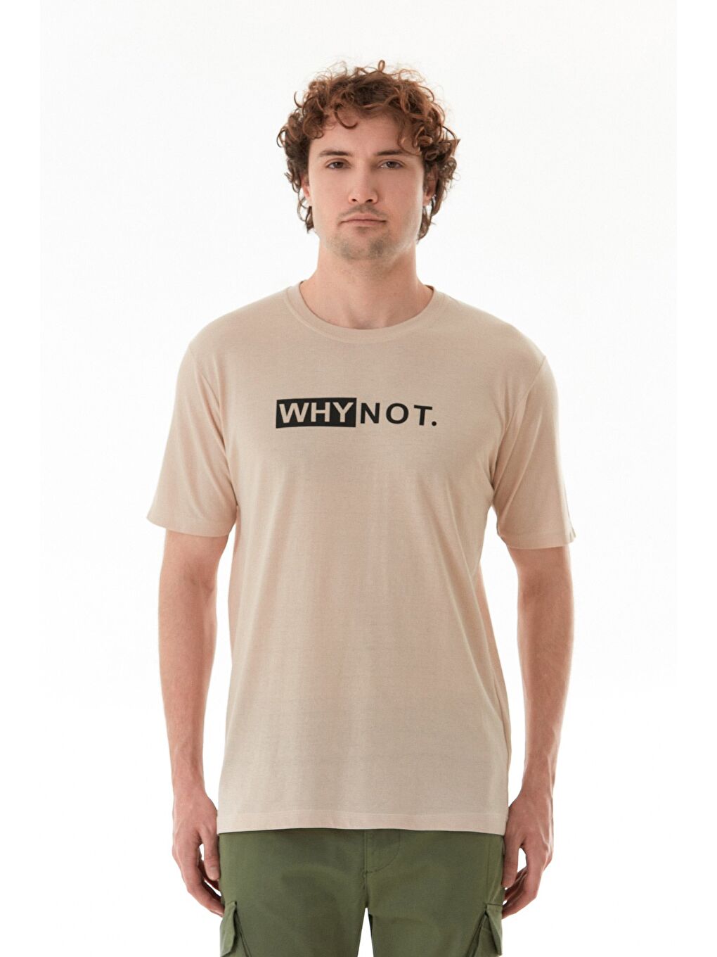 Bej Why Not Yazı Baskılı Bisiklet Yaka Tişört-4