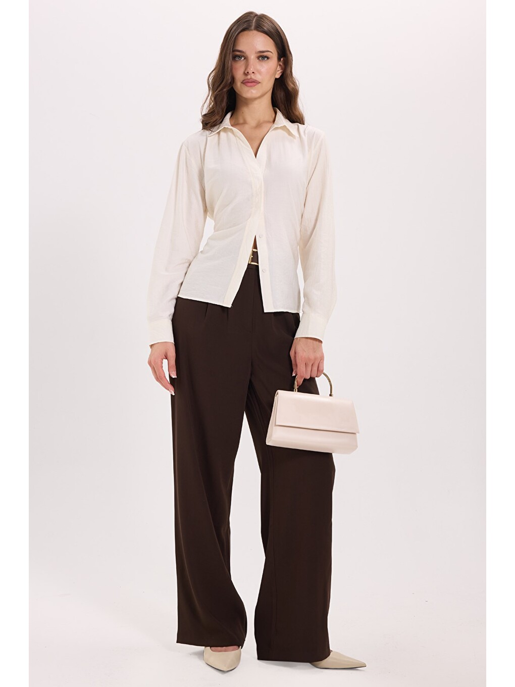 Kadın Slim Fit Dar Kesim Bel Ve Sırt Bağlamalı Ekru Gömlek-1