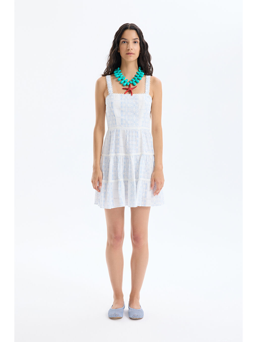 Kare Yaka Şerit Detaylı Desenli Mini Elbise Ekru-3