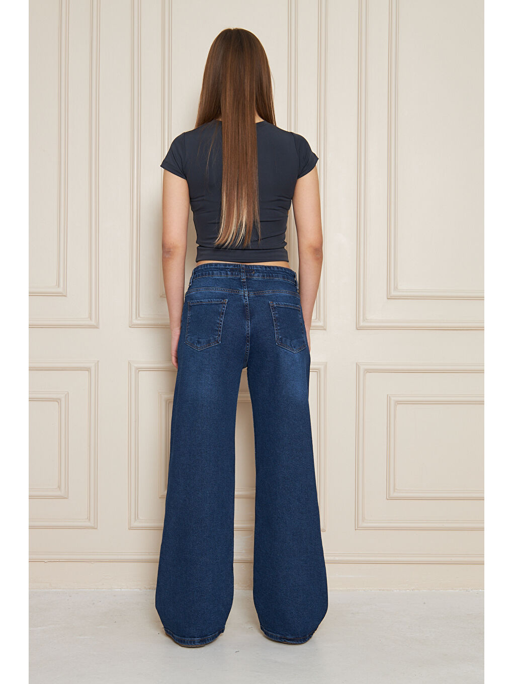 Kadın Bol Paça Yüksek Bel Baggy Lacivert Jean Pantolon-6