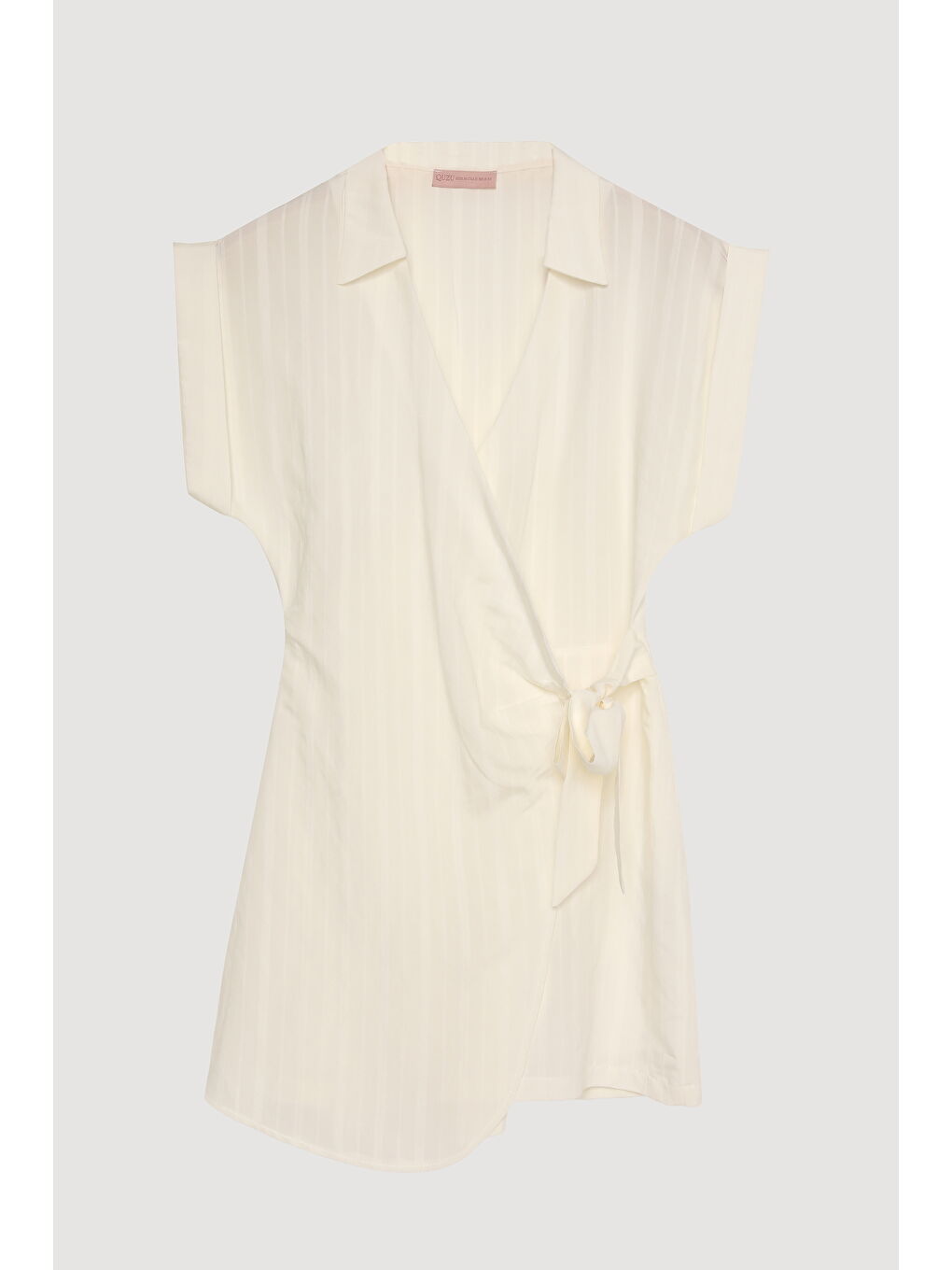 Kruvaze Yaka Beli Bağlamalı Şort Tulum Ekru-1