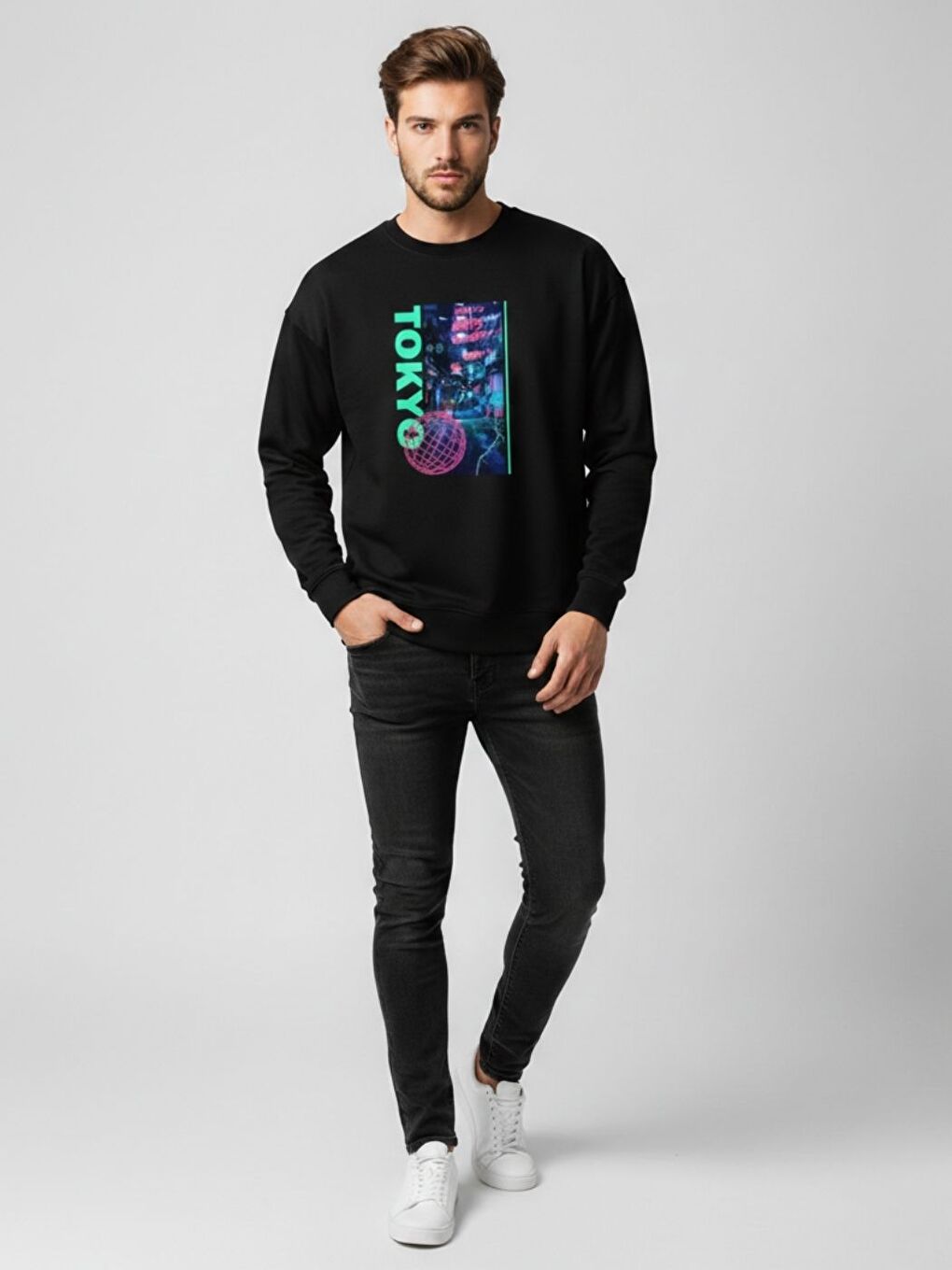 Erkek Siyah Tokyo Dünya Baskılı Bisiklet Yaka Sweatshirt