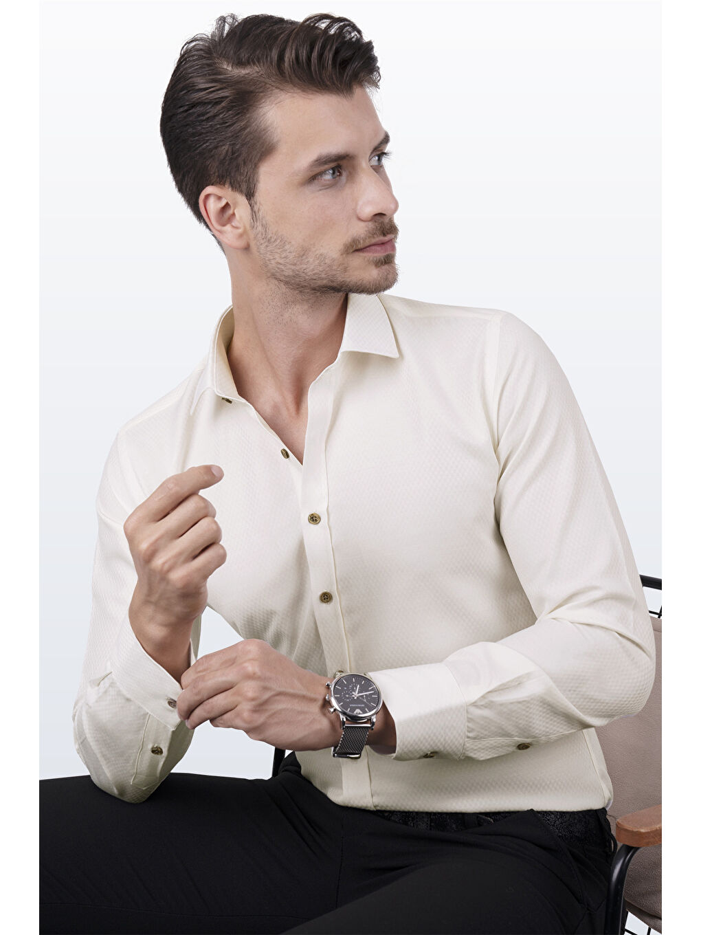 Kahverengi Krem Baklava Desen Slimfit Erkek Gömlek-2