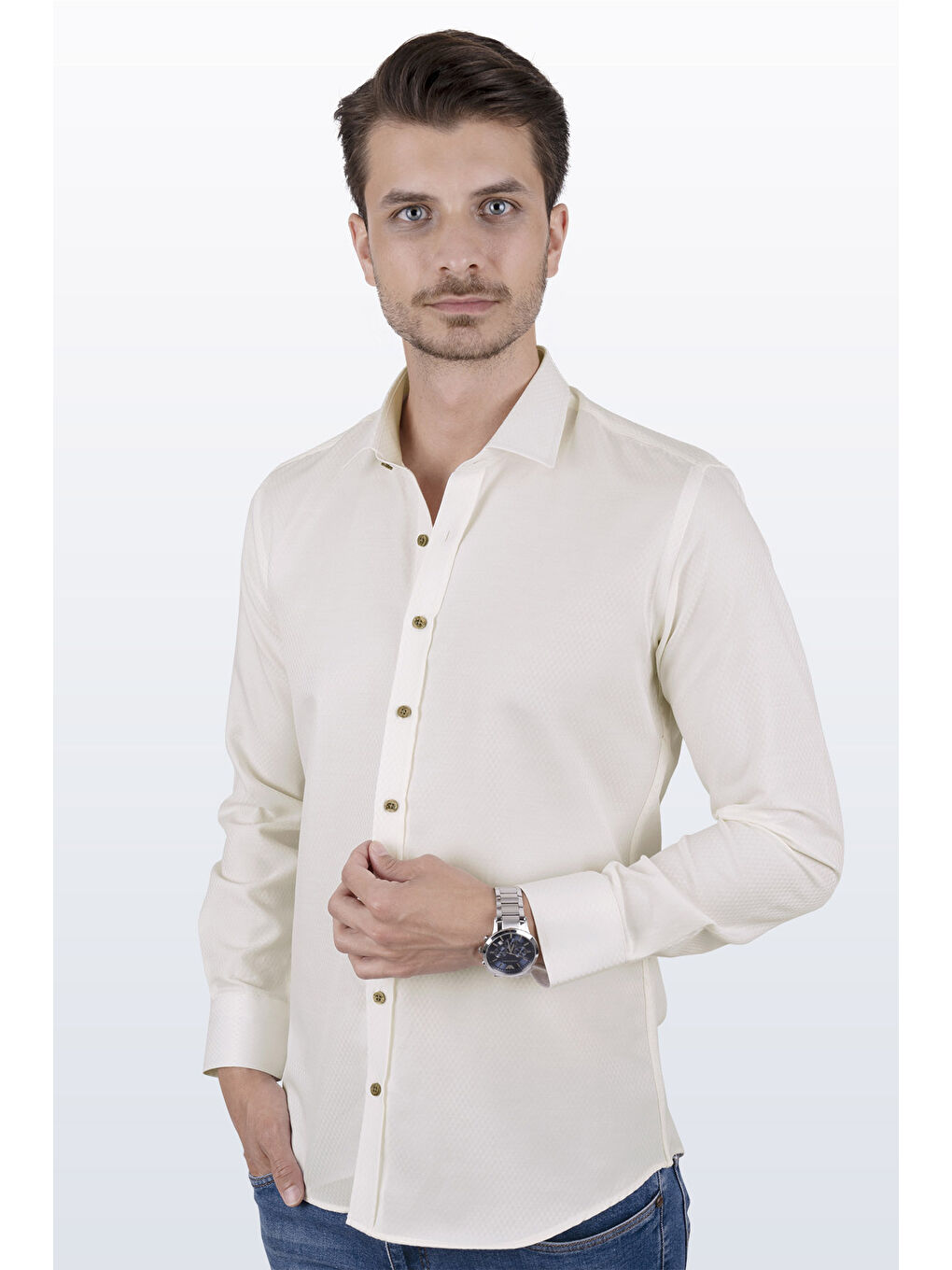 Kahverengi Krem Baklava Desen Slimfit Erkek Gömlek-4