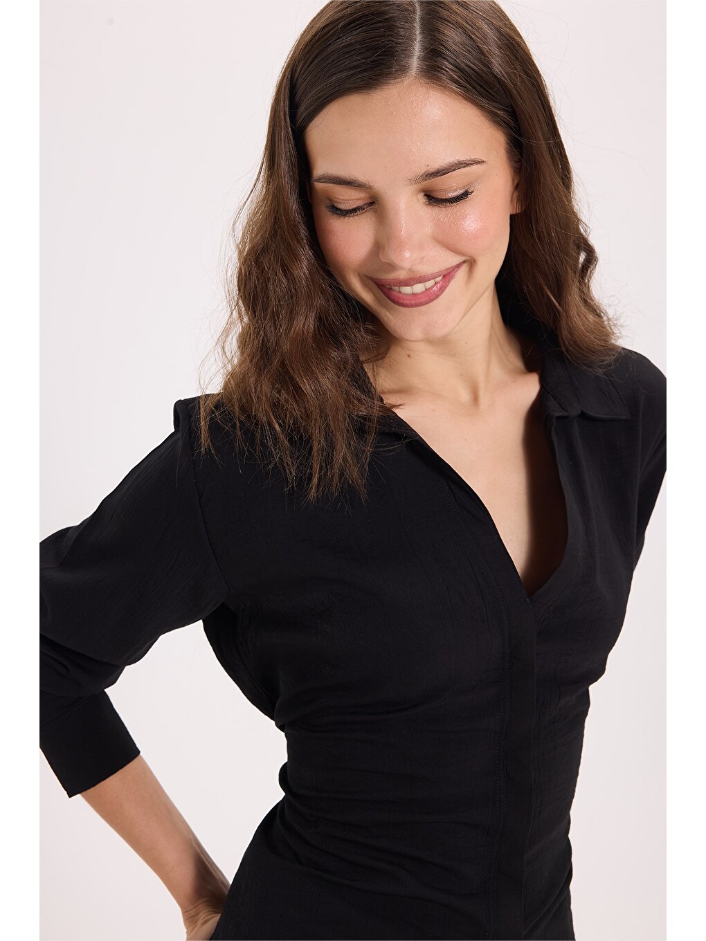 Kadın Slim Fit Dar Kesim Bel Ve Sırt Bağlamalı Siyah Gömlek-6