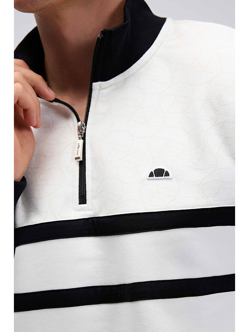 Beyaz Şeritli Pamuklu Regular Fit Yarım Fermuarlı Dik Yaka Sweat EM619-OF-3