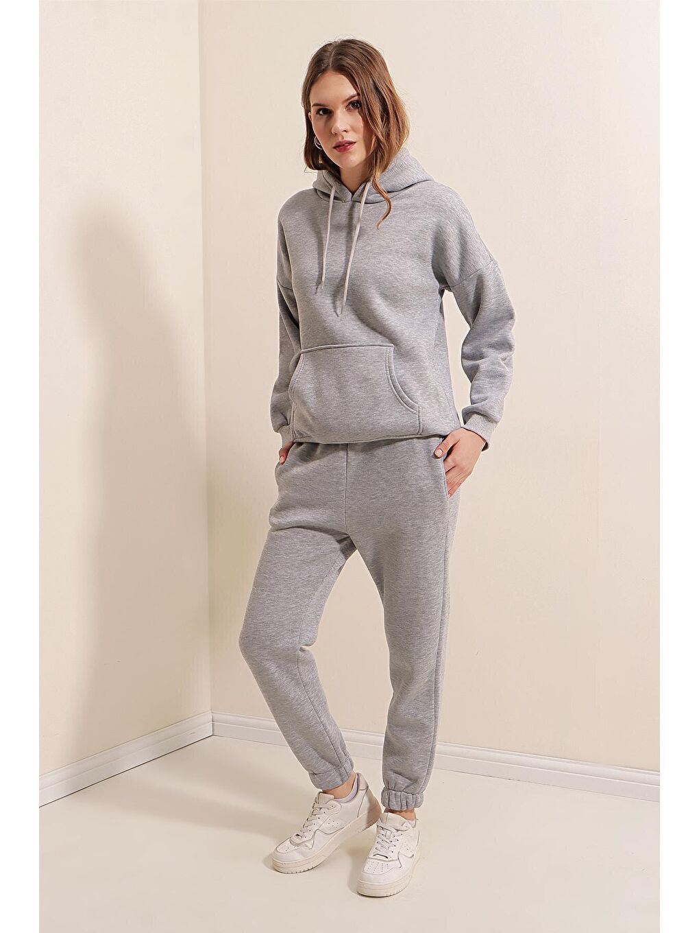 55323 Oversize Kapüşonlu 3 İplik Eşofman Takımı - Gri-3