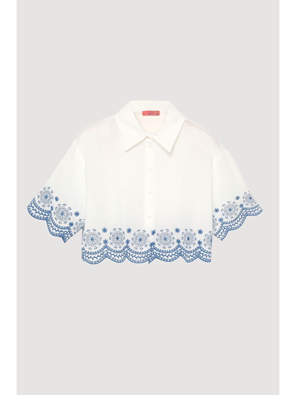 Etnik Nakış İşlemeli Düğmeli Gömlek Ekru-1