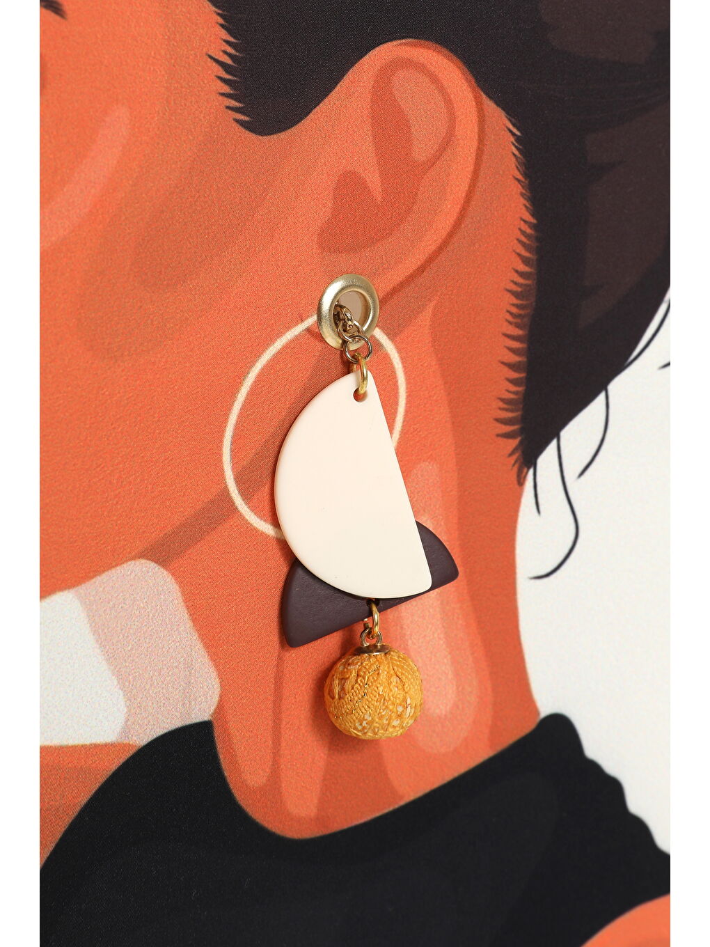 Portre Baskılı Yan Yırtmaçlı Oversize Tişört Ekru-3