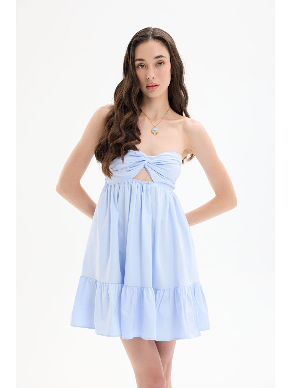 Önü Düğüm Detaylı Sırt Dekolteli Straplez Mini Elbise Mavi-2