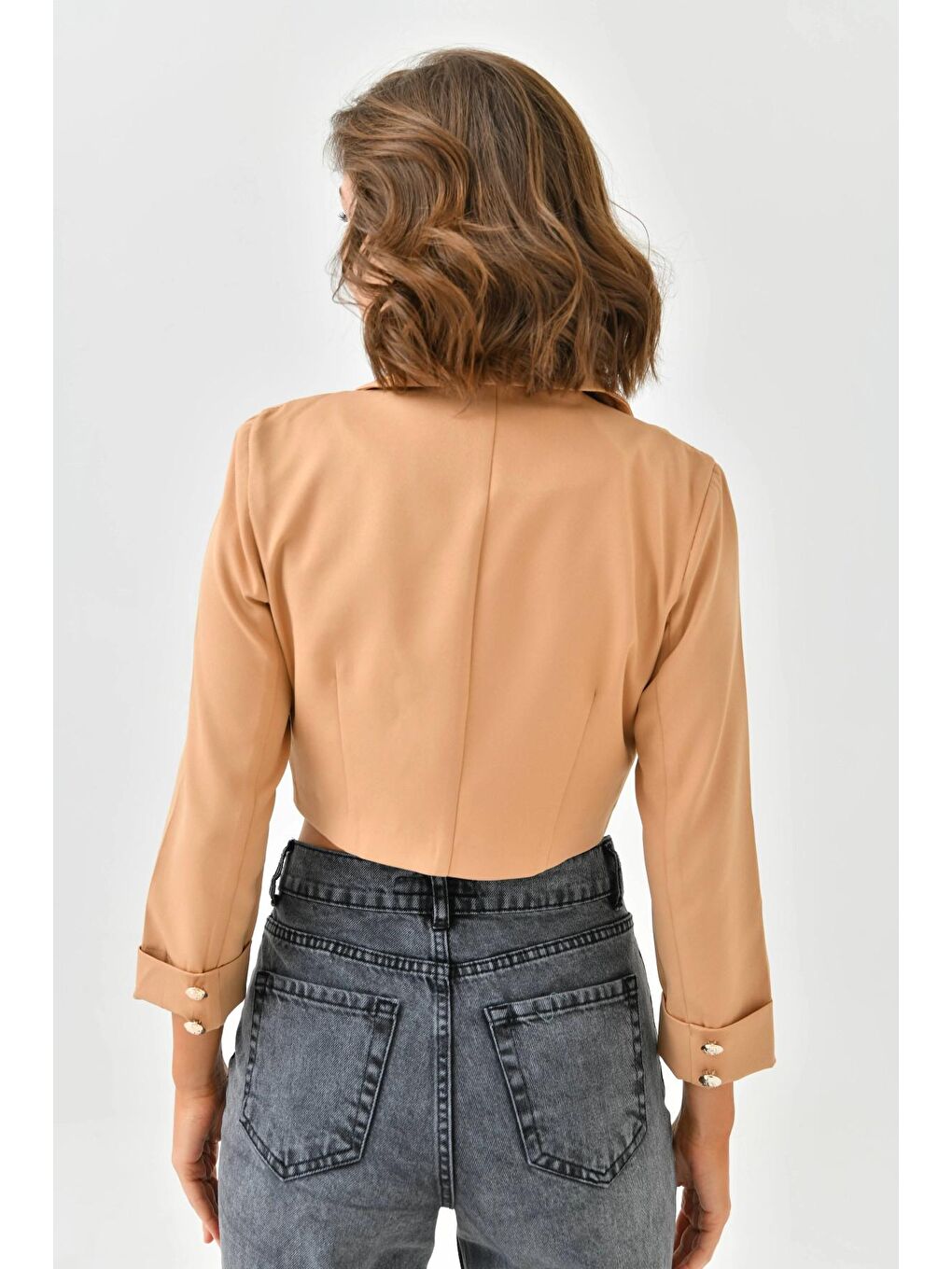 Kahverengi Kadın Kahve Düğme Detay Crop Ceket-4
