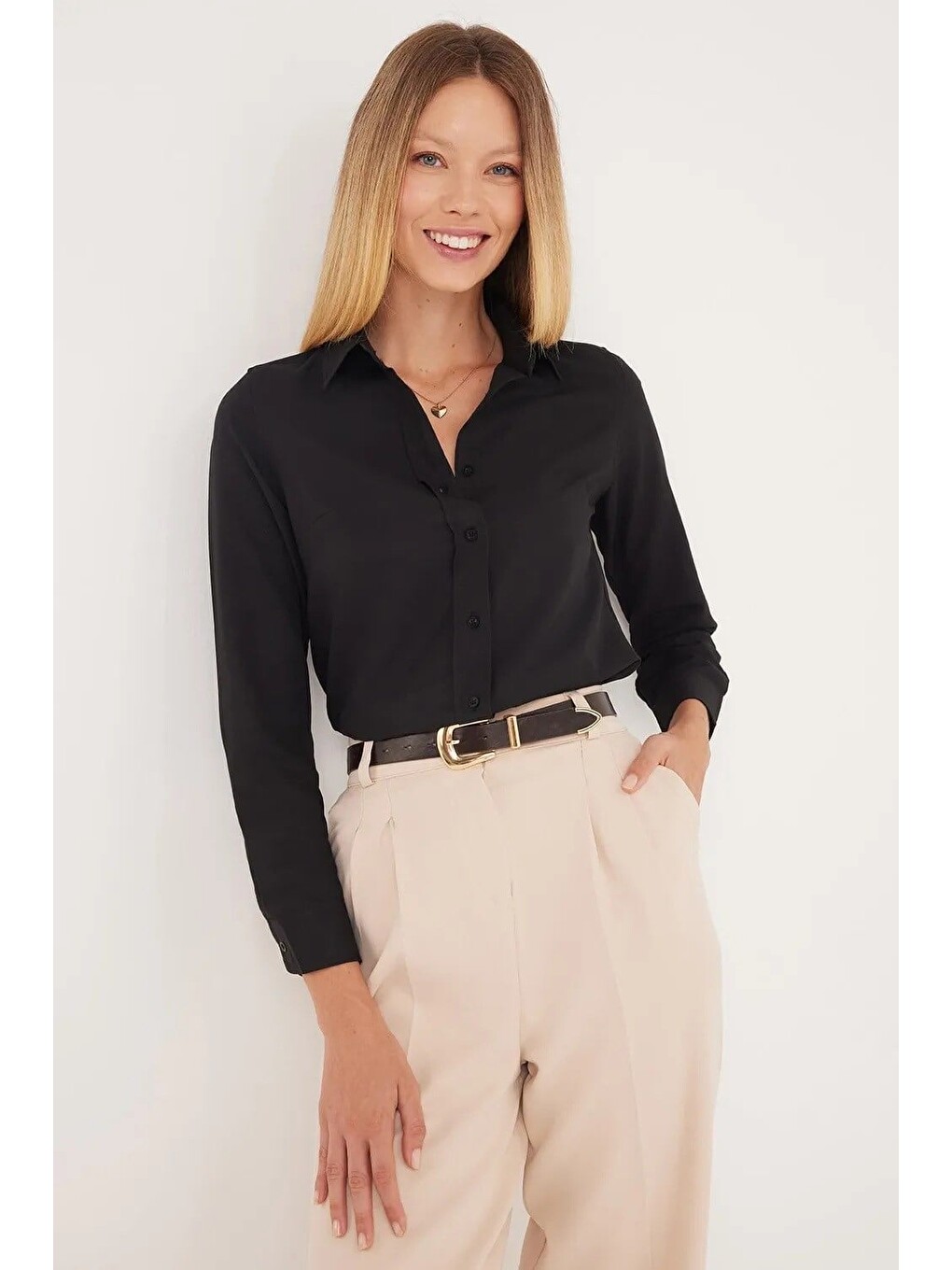 Karışık Kadın 2'li Paket Siyah-beyaz Slim Fit Dar Kesim Uzun Kollu Pamuklu Vücuda Oturan Dokulu Basic Gömlek-4