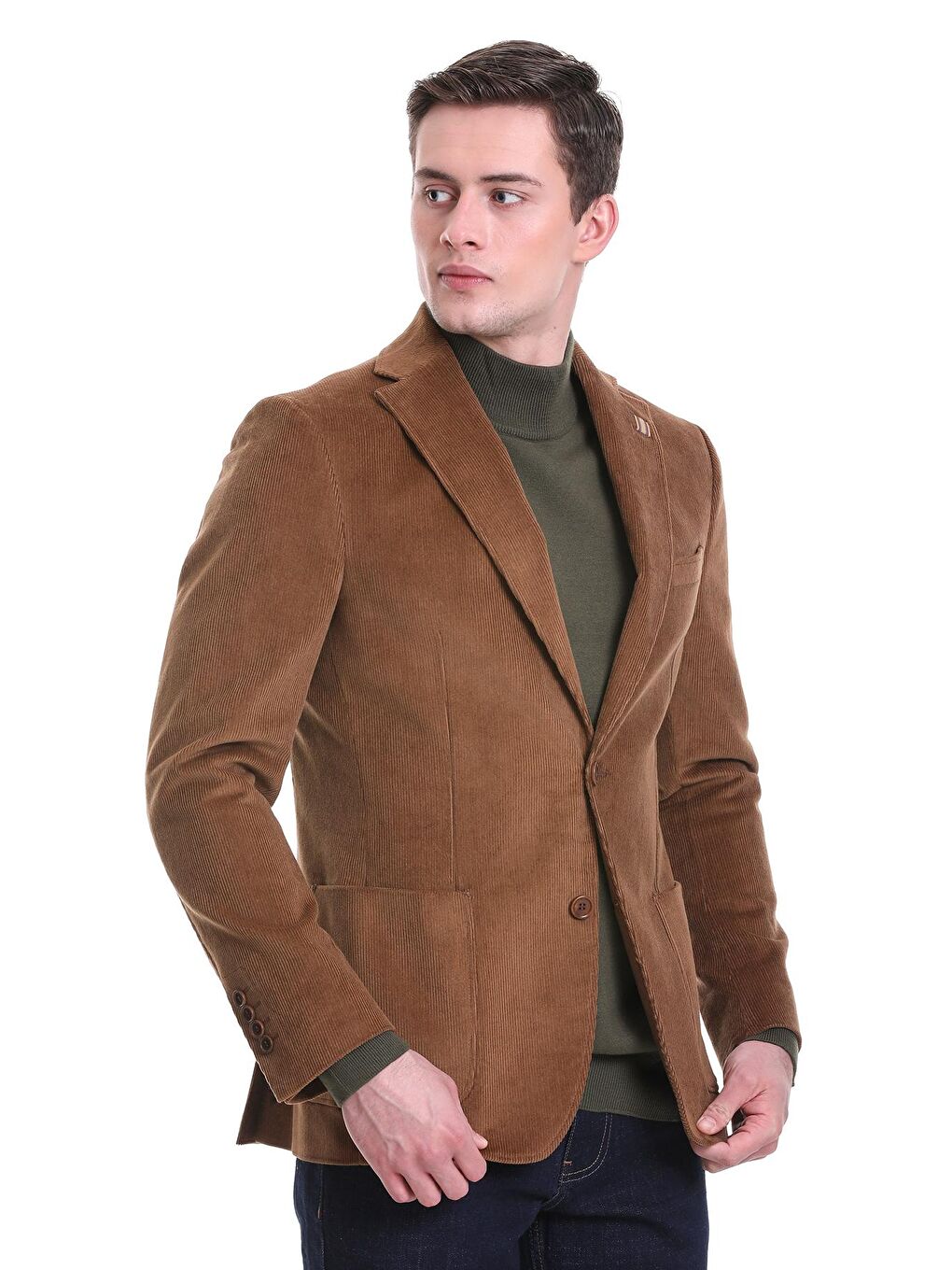 Hatemoğlu Kahverengi Camel Slim Fit Düz Mono Yaka Pamuklu Kadife Ceket - 1