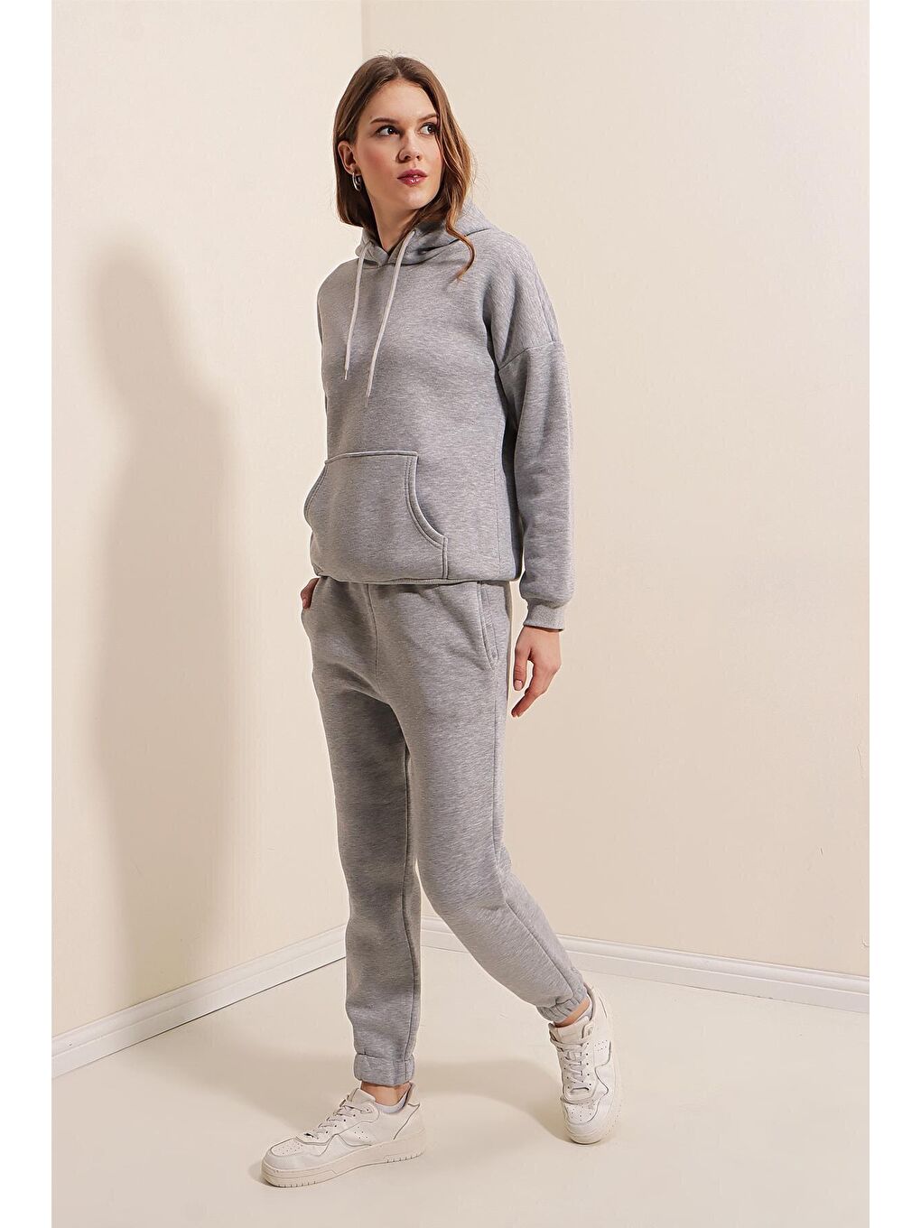 55323 Oversize Kapüşonlu 3 İplik Eşofman Takımı - Gri-4