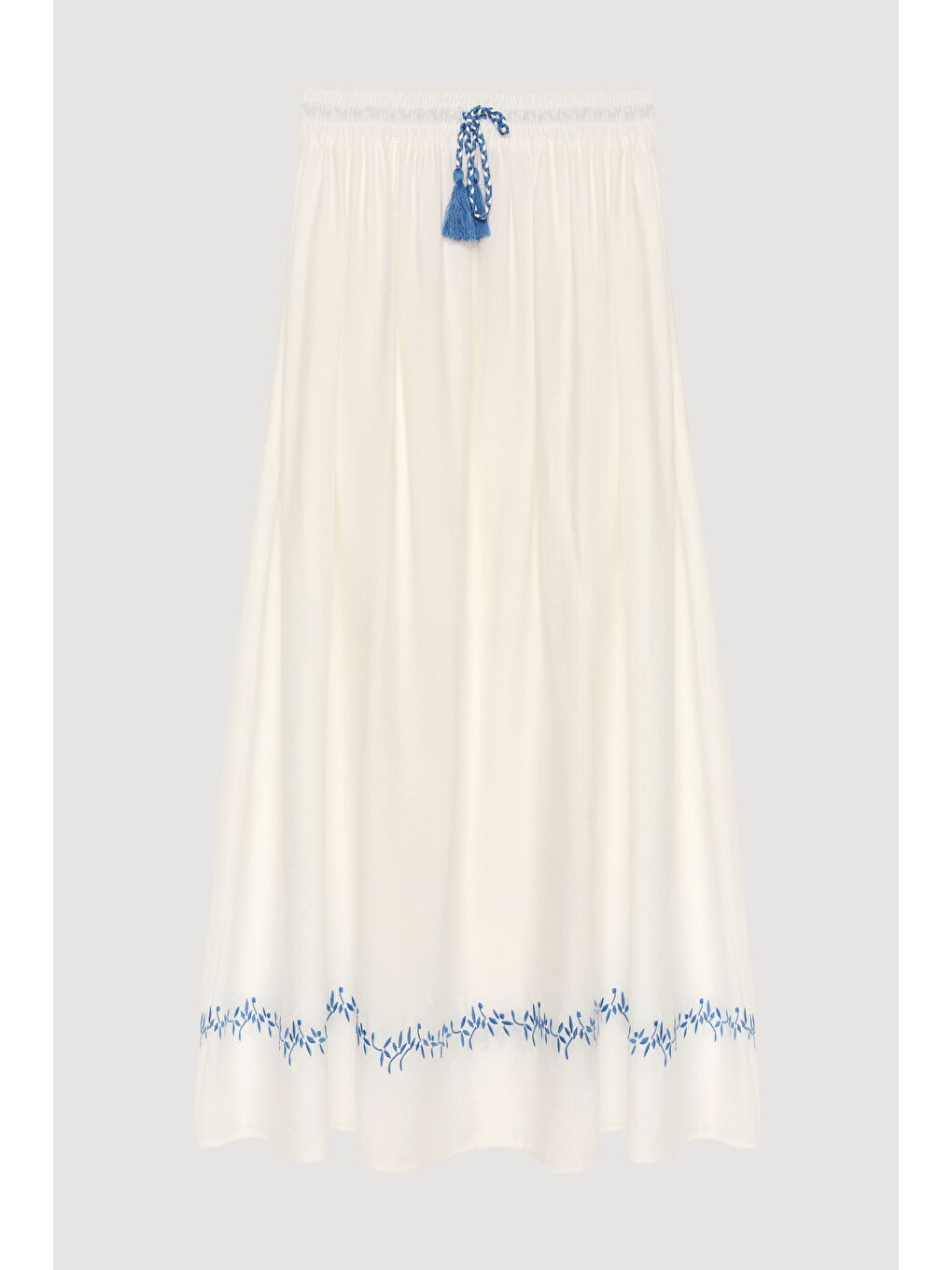 Beli Lastikli Etek Ucu Nakışlı Midi Etek Ekru-1