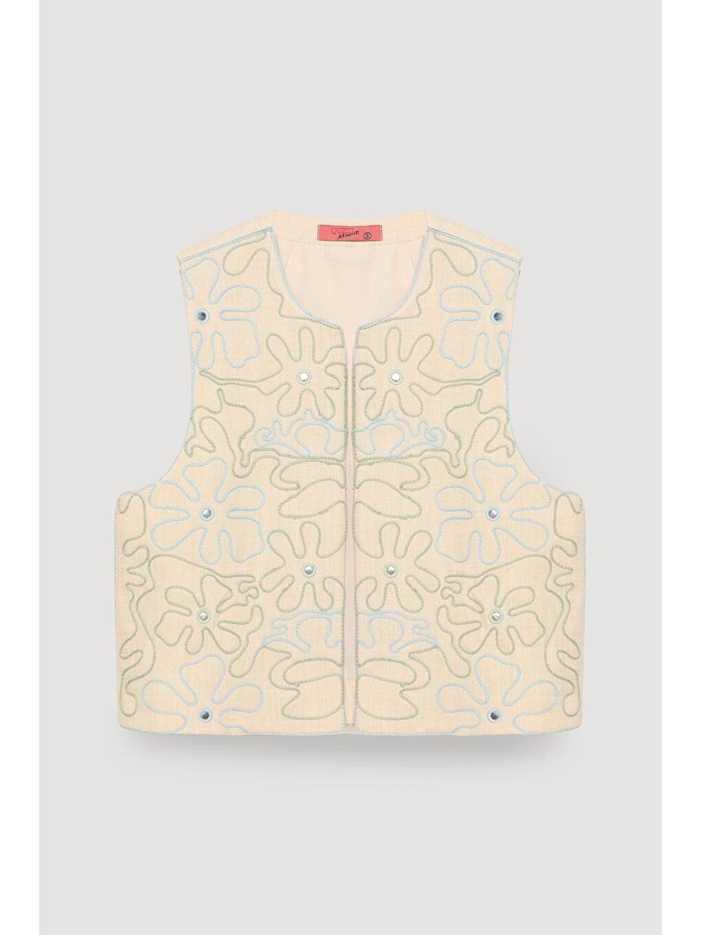 Bej Pul Detaylı Nakışlı Yelek Naturel-1