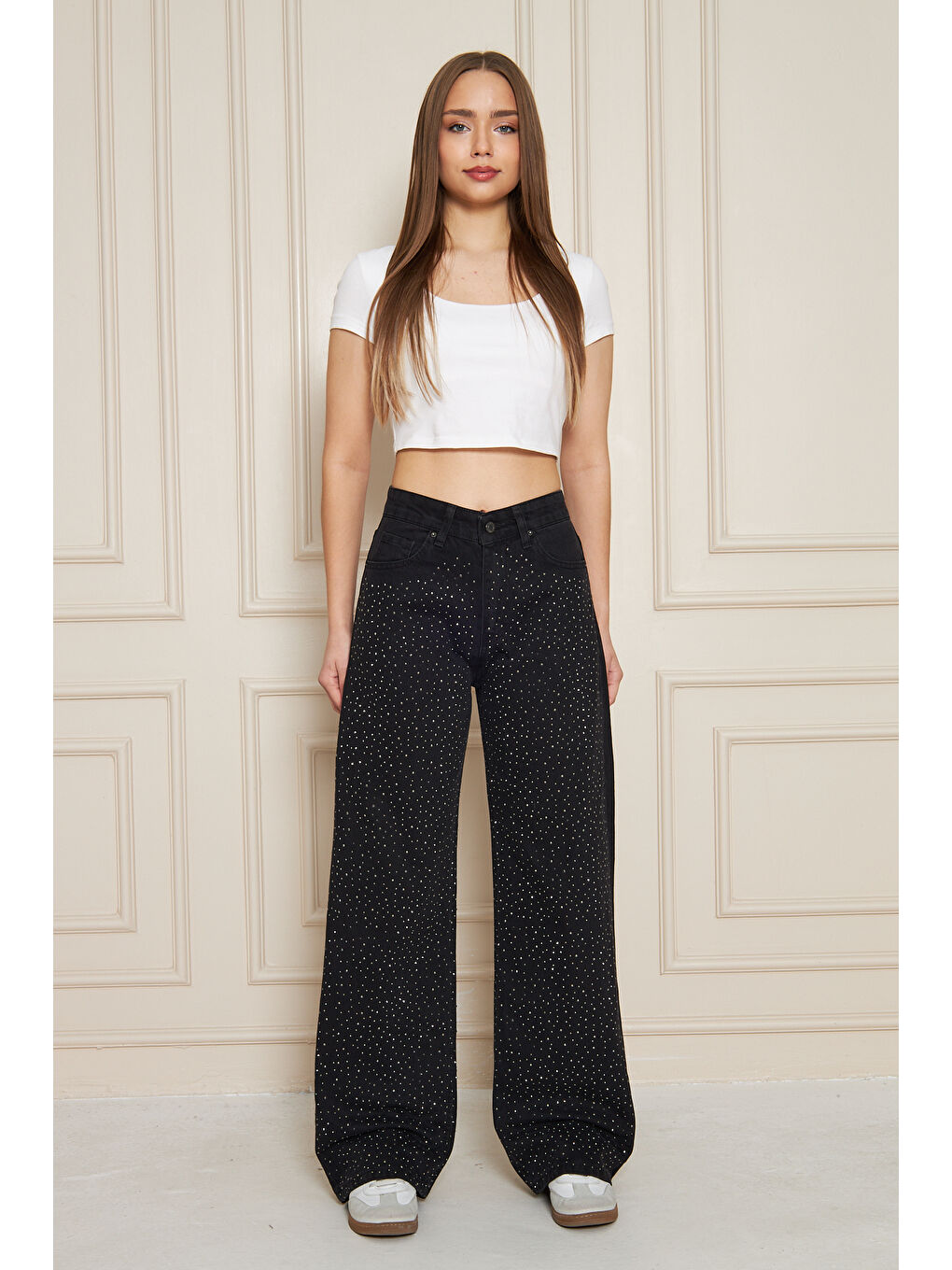 Kadın Yüksek Bel Baggy Taşlı Bol Paça Siyah Jean Pantolon