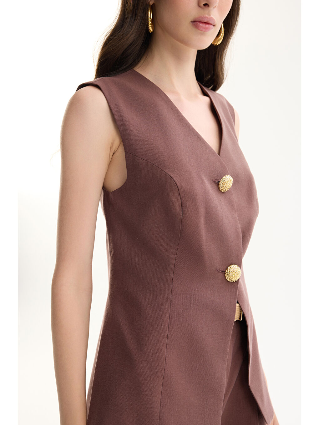 Çift Düğmeli V Yaka Yelek Ceket Kahverengi-3