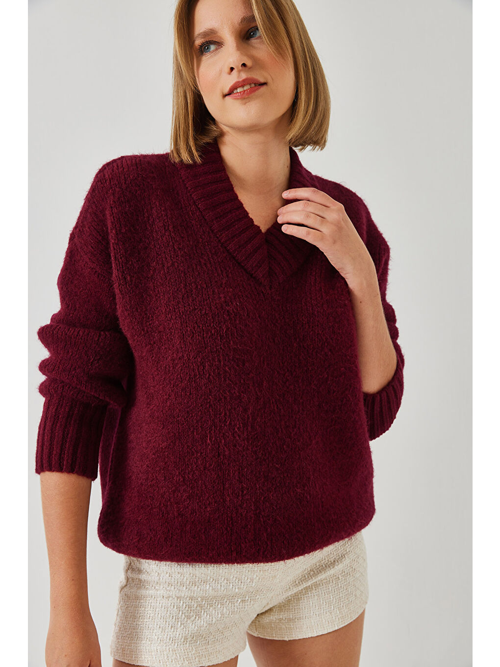 Bordo Kadın V Yaka Triko Kazak-1