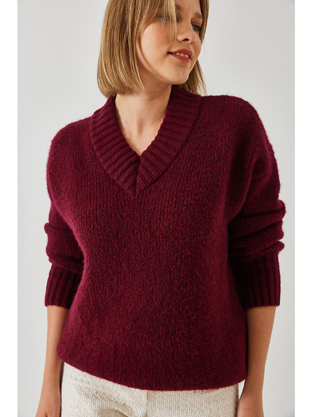 Bordo Kadın V Yaka Triko Kazak-2