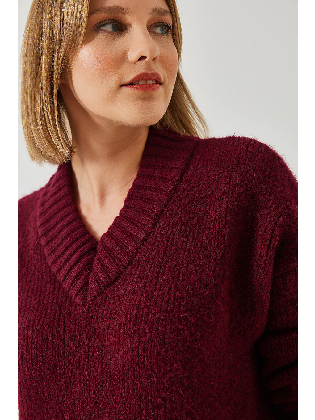 Bordo Kadın V Yaka Triko Kazak-3