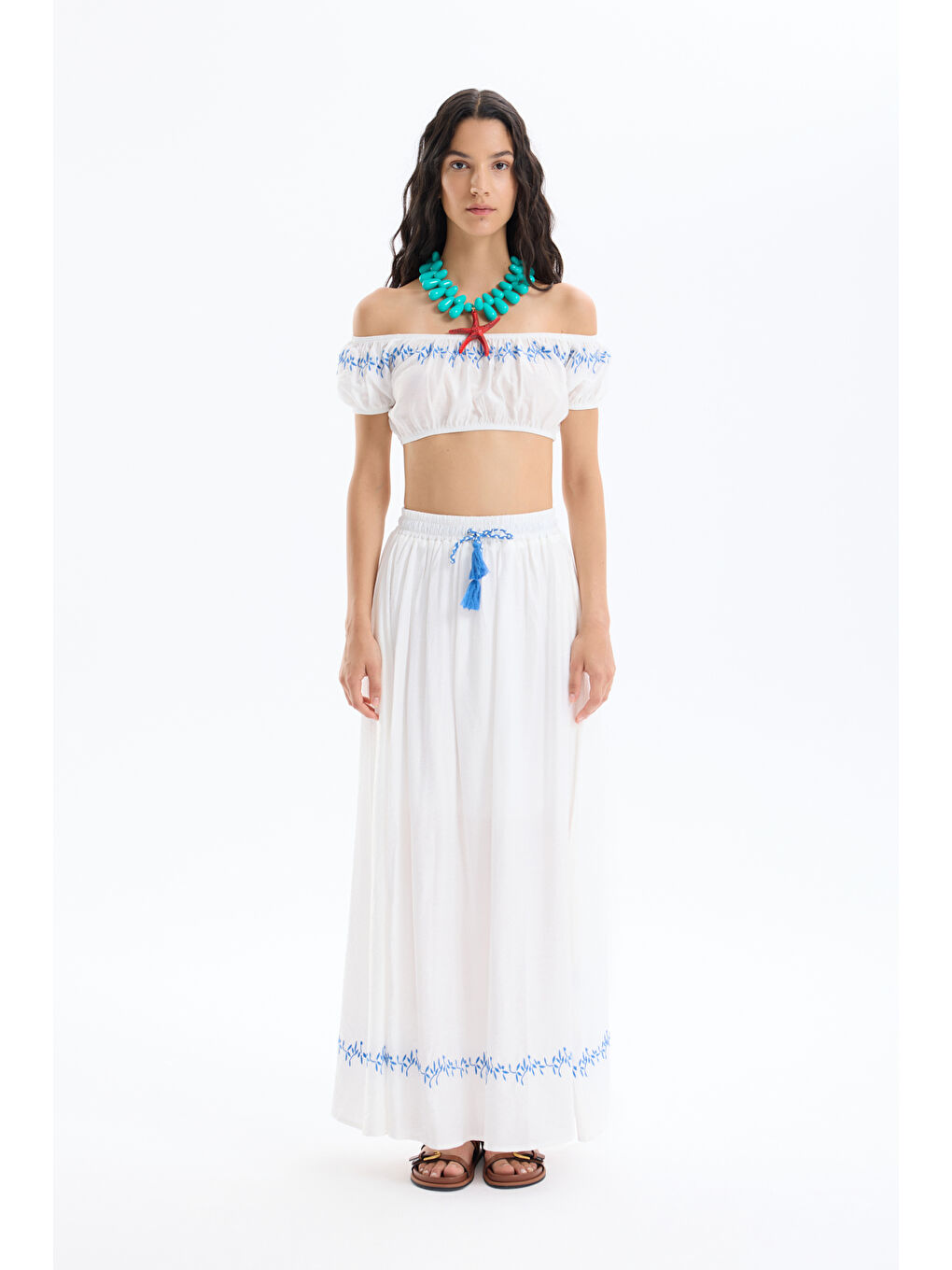 Beli Lastikli Etek Ucu Nakışlı Midi Etek Ekru-2