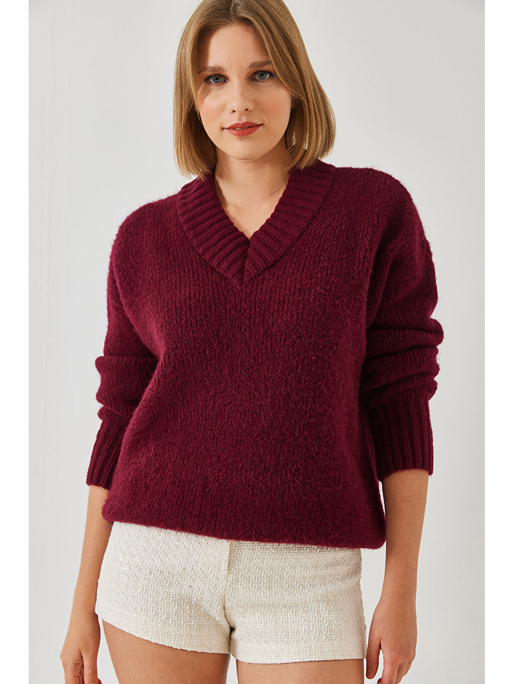 Bordo Kadın V Yaka Triko Kazak-5