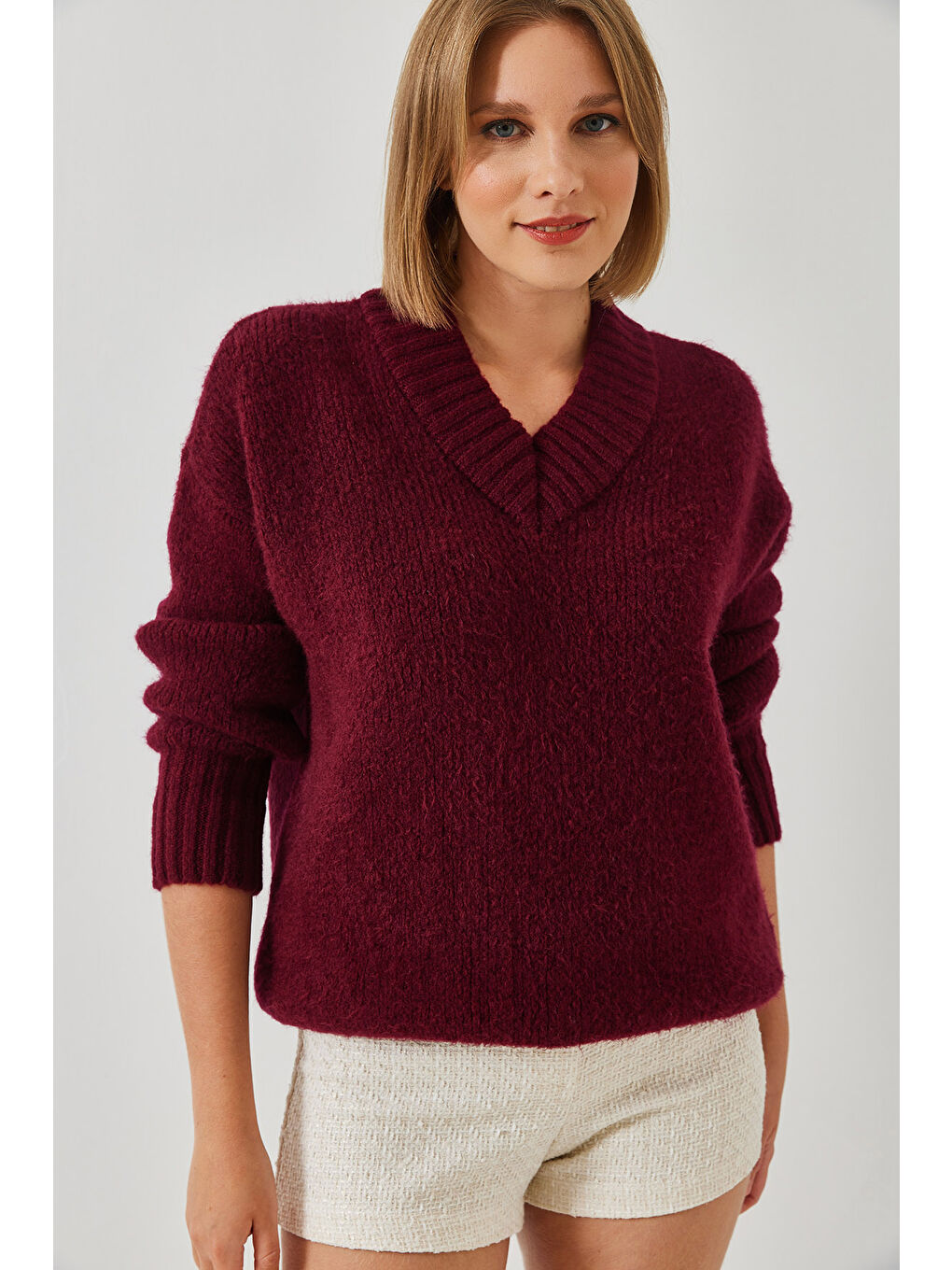 Bordo Kadın V Yaka Triko Kazak-6