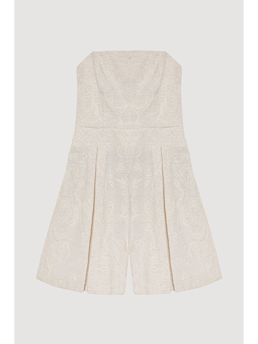 Bej Nakış İşlemeli Pileli Straplez Şort Tulum Naturel-1