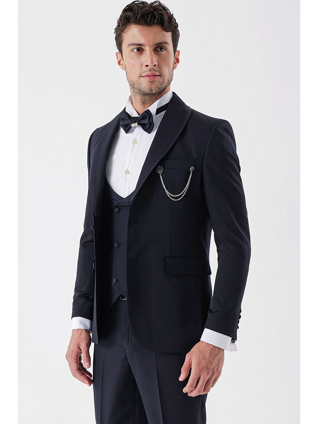 Koyu Lacivert Desenli Armürlü Kruvaze 6 Drop Slim Fit Smokin Damatlık Takım 1001230214-1